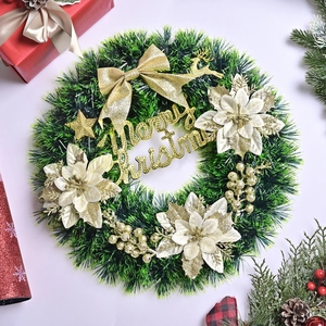Couronne de Noël avec Nœud à Paillettes Dorées Décoration Suspendue de Porte en Aiguilles de Pin Artificielles Vertes