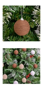 Close-up of handmade hemp rope Christmas ornaments with spiral texture on a festive tree