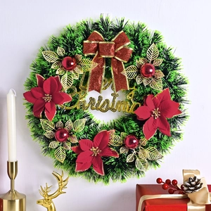 Artificial Christmas Wreath Red Glitter Bow Poinsettia Gold Leaf Merry Christmas Sign Holiday Door Wall Decor