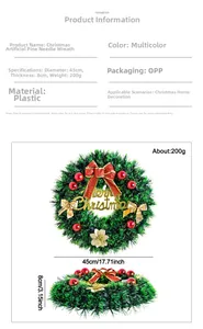 Detailed view of 45cm artificial Christmas pine wreath with sizing and weight specs