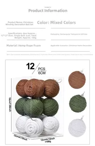 Macro detail of 12pcs 6cm Christmas ornaments set with hemp rope spiral texture