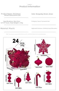 Detailed size parameters for 24-piece flocked Christmas velvet ornament set in box