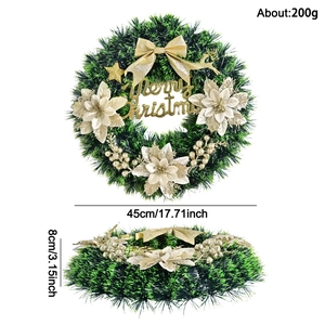 Couronne de Noël avec nœuds dorés pailletés, fleurs et renne sur fond blanc