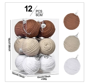 Set of 12 woven cotton rope Christmas balls in brown and beige colors with packaging info