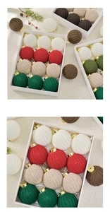 Detail of colorful hand-knitted Christmas balls set in elegant gift box packaging