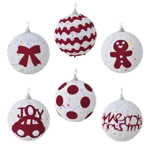 6-piece red and white foam Christmas ball ornaments set with festive flocking patterns