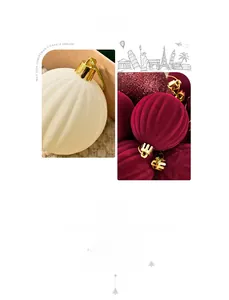 Macro shot of 6cm burgundy flocked Christmas balls with vertical striped velvet texture