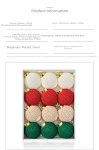 Detailed specs of 12pcs hand-knitted Christmas balls set with gift box packaging