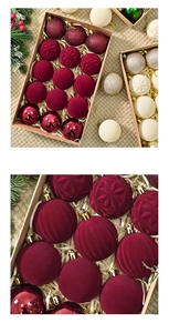 Close-up of 6cm burgundy flocked and glitter Christmas ball ornaments in a 15pcs gift set