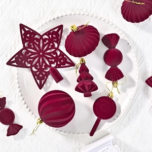24pcs burgundy flocked Christmas ornaments set featuring velvet star and tree shapes