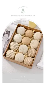 Detail of 12-piece handmade hemp rope Christmas balls in rustic gift box packaging