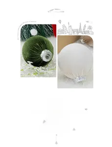 Detail of 8cm dark green velvet and cream textured Christmas ornaments with silver caps