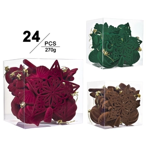 24-piece set of flocked Christmas ornaments in red, green, and brown velvet texture