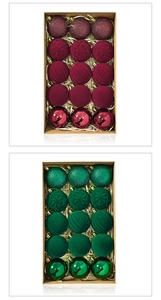 Detail of 15pcs burgundy and green flocked Christmas ball ornaments in a brown kraft paper box