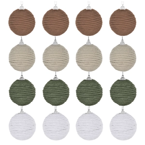 16-piece set of handmade cotton rope Christmas balls in earth tones on white background