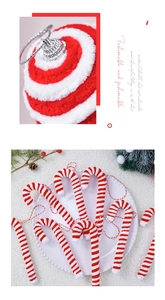 Detailed view of red and white striped plush candy canes and knit ornaments for Christmas