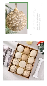 Detailed close-up of 8cm woven hemp rope Christmas balls with rustic wooden beads and gift box