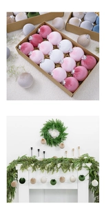 Detailed view of 8cm velvet Christmas balls in assorted colors on a fireplace mantle