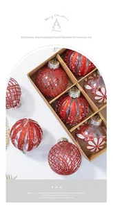 Detail of red and clear Christmas ornaments with glitter patterns in a craft box