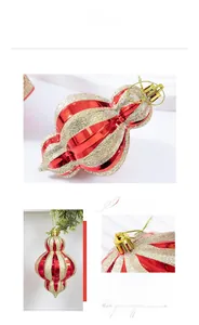 Détail d'une boule de Noël en forme d'oignon rayée rouge et or avec paillettes