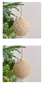 Detail of woven Christmas balls with rustic twine, cotton rope patterns, and wooden beads