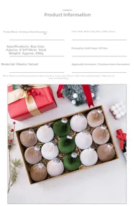 Set of 15 velvet Christmas balls in green, white, and latte color inside a craft gift box