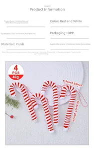 Close-up of four red and white plush candy cane ornaments with hanging strings