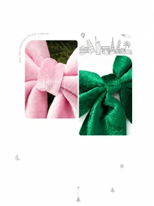 Detailed view of pink and green velvet bows showing the soft texture and premium fabric finish