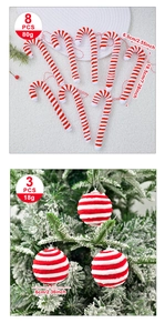 Close-up of red and white striped Christmas candy canes and ball ornaments on a tree