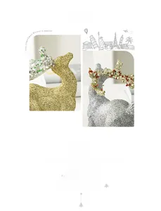 Detail of glittering gold and silver Christmas reindeer ornaments with festive beads