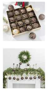 Close-up of 16-piece brown and cream Christmas ball ornaments with varied textures