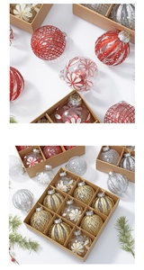 Detailed view of DIY clear Christmas ornaments with glitter patterns in kraft gift box