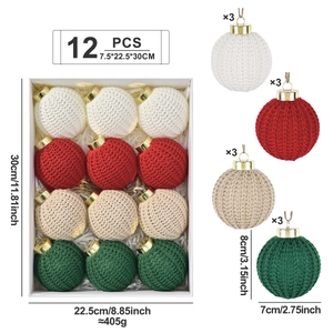 12-pack handmade crochet Christmas ball ornaments in red, green, white and cream colors