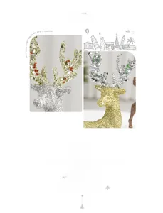 Close-up of glitter-flocked reindeer ornaments in silver and gold festive finishes