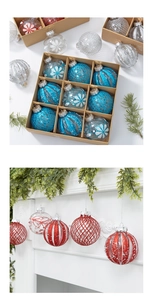 Close-up of assorted DIY Christmas balls with glitter and snowflake designs in a box