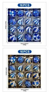 Détail de 16 boules de Noël bleues avec motifs pailletés dans un coffret cadeau chic