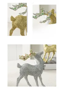 Macro detail of Christmas reindeer figurines with glitter finish and sequined antlers