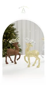 Detail of glittered reindeer Christmas figurines in gold silver and brown colors