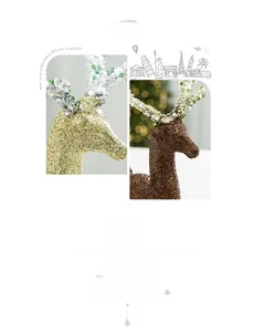 Detailed macro view of the glitter finish and sequins on reindeer Christmas ornaments