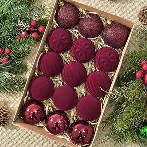 15pcs burgundy flocked Christmas ball ornaments in wooden box with pine cone accents