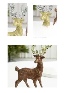 Detail of glittered Christmas reindeer figurines in gold, silver and brown colors