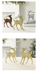 Close-up of glitter reindeer ornaments with elegant bead details for Christmas decor