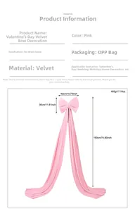 Detailed dimension guide for pink velvet Valentine's Day bow with long streamers