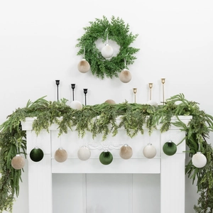 Velvet Christmas ornaments in green, beige, and champagne gold for tree decoration
