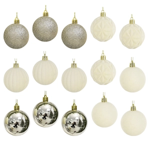 13-piece champagne gold and white Christmas ball set with glitter and texture