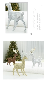 Macro detail of glitter texture on reindeer figurines in gold, silver, and brown tones