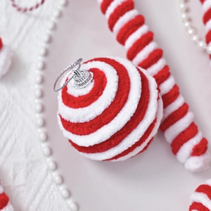 Red and white striped Christmas candy cane and plush ball ornaments with silver loops