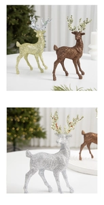 Detailed view of glitter Christmas reindeer ornaments in gold, silver and brown colors