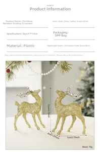 Close-up of golden glitter Christmas reindeer ornament with detailed size specifications