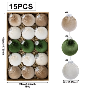 15-piece velvet Christmas balls set in champagne, dark green and white with silver caps